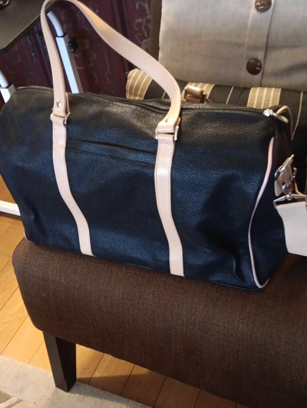 Joy Mangano Brown Black Barrel Tote with Cream Straps